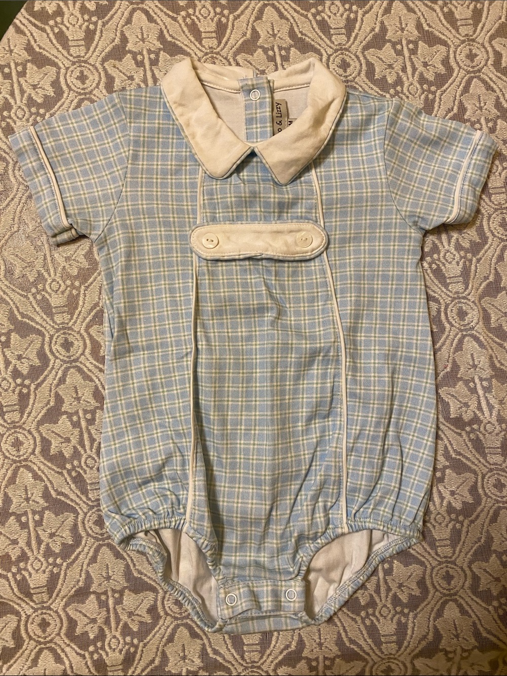 Classic Blue Plaid Baby One-Piece with Cream Trim